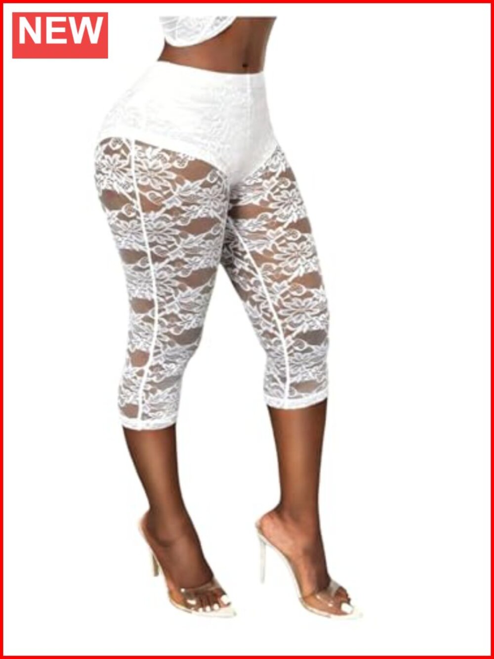 Women's Floral Lace Capri Leggings High Waist See Through Cropped Pants